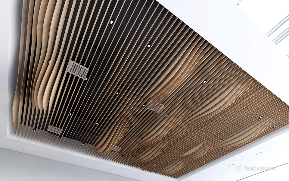 Modern Ceiling Design With Curved Wooden Slats Black Accents And Smooth Curves 3d model 