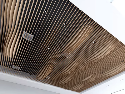 Modern Ceiling Design With Curved Wooden Slats Black Accents And Smooth Curves 3d model