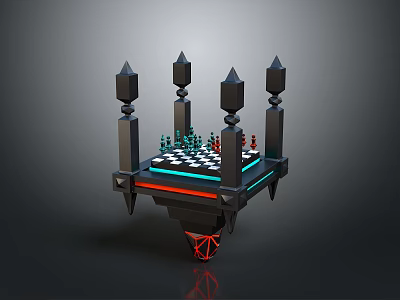 Decorative Chessboard Structure With Spiked Pillars Neon Edge Lighting And Geometric Base 3d model