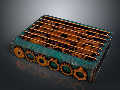 Vintage Industrial Gear Device with Interlocking Metal Bars and Green Copper Surface 3d model