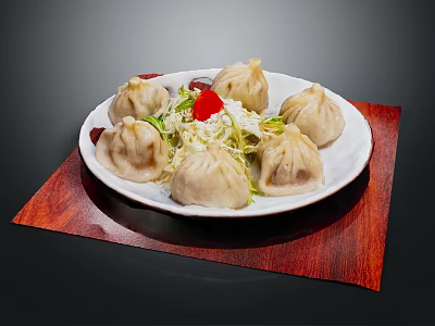 Delicious Steamed Dumplings on White Plate with Red Placemat and Lettuce Garnish 3d model