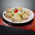 Delicious Steamed Dumplings on White Plate with Red Placemat and Lettuce Garnish