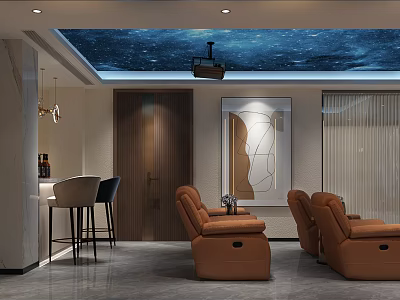 Modern Home Theater Room Featuring Starry Ceiling Projector Brown Recliner Chairs and Bar Area 3d model