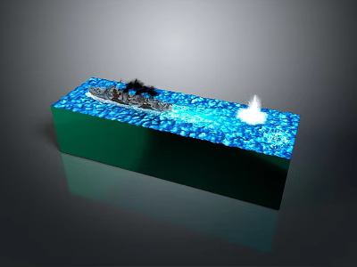 Decorative Water Feature With Green Base Blue Water Surface Black Object And White Flame Element 3d model