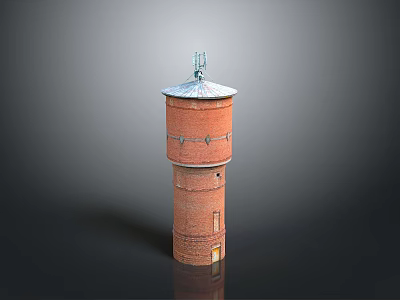 Red Brick Water Tower Architecture with White Roof Metal Bands Base Door and Top Antenna Structure 3d model