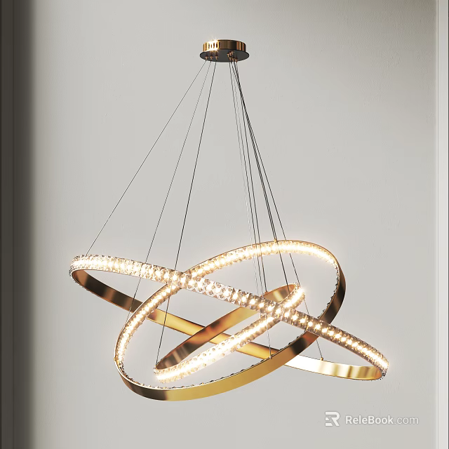 Modern Golden Interlocking Circular Ring Chandelier With Illuminated LED Lights 3d model 