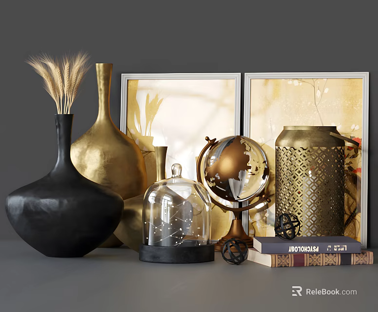 Decorative Ornament Set With Black Golden Vases Globe Glass Cloche Books And Framed Paintings 3d model 