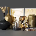 Decorative Ornament Set With Black Golden Vases Globe Glass Cloche Books And Framed Paintings