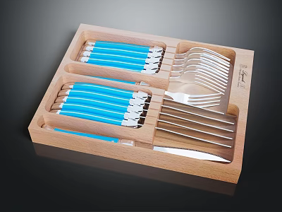 Organized Wooden Tray Cutlery Set With Blue Handle Knives Forks And Spoons 3d model