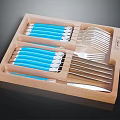 Organized Wooden Tray Cutlery Set With Blue Handle Knives Forks And Spoons