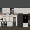 Modern Pantry Interior Design With Cabinets Coffee Machine Refrigerator Countertop And Storage Shelves