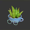 Green Leafy Plant In Blue Cup Shaped Pot With Glasses And Smiley Decoration