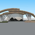 Modern Curved Sculpture Installation Outdoor With Trees Stone Wall And Water Feature