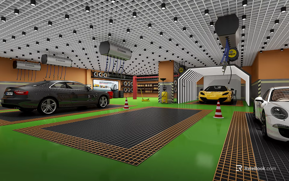 Modern 4S Shop Interior Car Service With Cars Lifts And Green Black Grid Flooring 3d model 