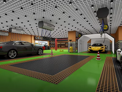 Modern 4S Shop Interior Car Service With Cars Lifts And Green Black Grid Flooring 3d model