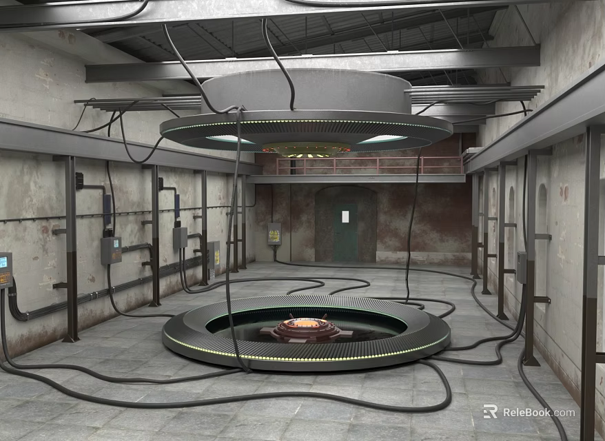 Cartoon Industrial Scene with Circular Platform Device Cables Pipes Rough Concrete Walls and Green Door 3d model 