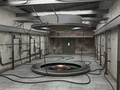 Cartoon Industrial Scene with Circular Platform Device Cables Pipes Rough Concrete Walls and Green Door 3d model
