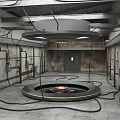 Cartoon Industrial Scene with Circular Platform Device Cables Pipes Rough Concrete Walls and Green Door
