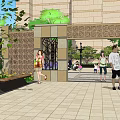 Tranquil Garden Landscape with Blue Pool and Pink Flowering Trees Near High Rise Buildings