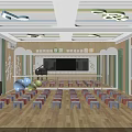 Elementary School Classroom with Piano Colorful Stools Ball Toys Wooden Floor and Musical Note Decorations
