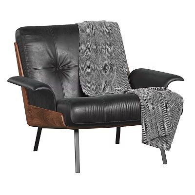 Modern Black Leather Armchair with Wooden Frame and Gray Knit Blanket on Metal Legs 3d model