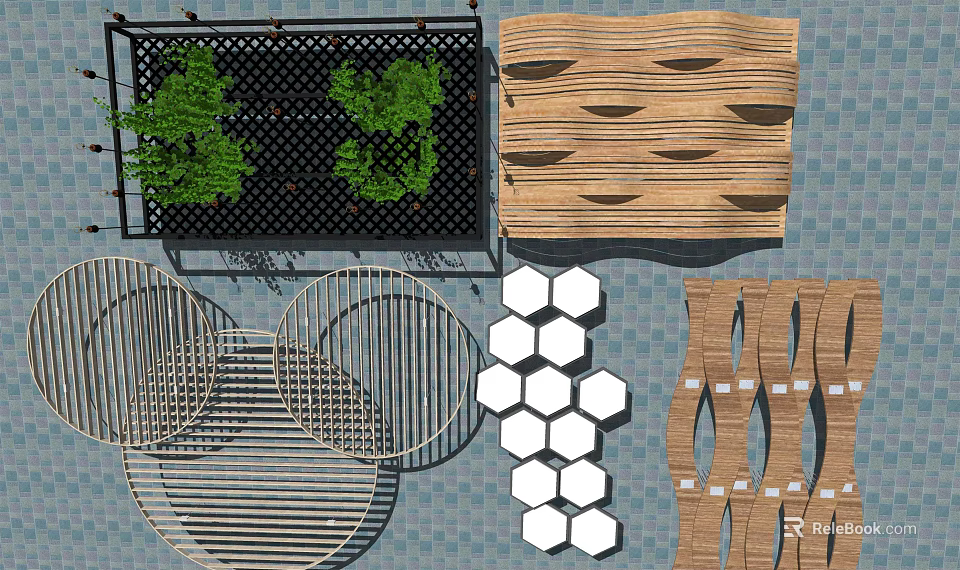 Modern Ceiling Design With Green Plants Wavy Wooden Circular Grilles Hexagonal Blocks And Strips 3d model 