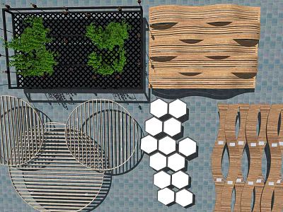 Modern Ceiling Design With Green Plants Wavy Wooden Circular Grilles Hexagonal Blocks And Strips 3d model