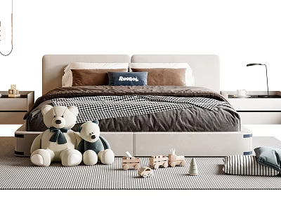 Children's Bed With Checkered Quilt Pillows Teddy Bears And Wooden Toys In Cozy Bedroom 3d model