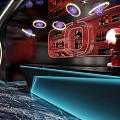 Modern Bar Interior With Blue Lit Counter Red Backdrop Wine Racks And Purple Pendant Lights