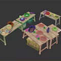 Rustic Wooden Dining Table Set With Bench Baskets Plates Jars And Tableware Items