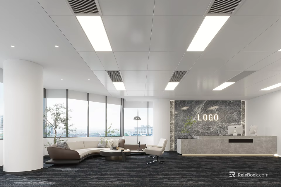 Modern Reception Area With Sofa Waiting Area Large Windows Logo Wall And Marble Desk 3d model