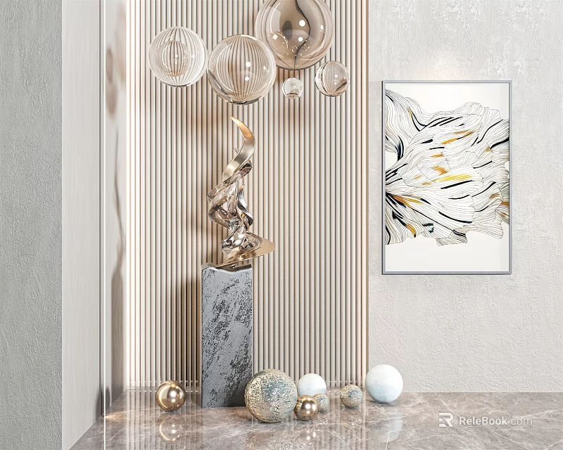 Modern Sculpture With Marble Base Decorative Balls Metallic Lamps And Abstract Painting In Interior 3d model 