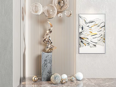 Modern Sculpture With Marble Base Decorative Balls Metallic Lamps And Abstract Painting In Interior 3d model