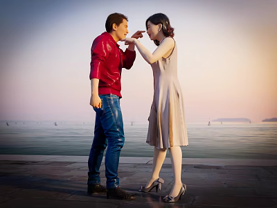 Couple Interaction By Seaside In Stylish Outfits 3d model