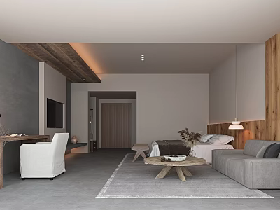 Spacious Modern Hotel Guest Room With Natural Wood Accents And Cozy Lounge And Sleeping Space 3d model