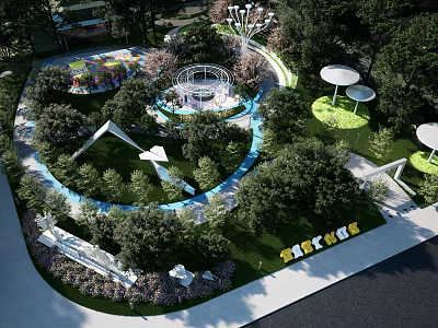 Park Landscape Including Children's Play Area Circular Pathways Trees White Umbrellas And Blue Water Features 3d model