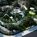 Park Landscape Including Children's Play Area Circular Pathways Trees White Umbrellas And Blue Water Features