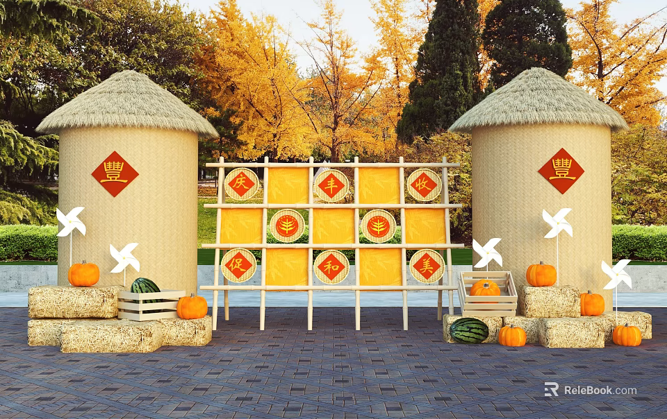 Autumn Photo Check-in Spot with Straw Structures Yellow Grid Backdrop Pumpkins Red Fu Characters 3d model 