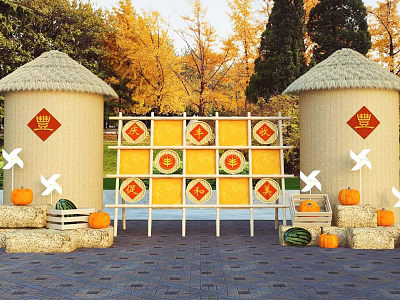 Autumn Photo Check-in Spot with Straw Structures Yellow Grid Backdrop Pumpkins Red Fu Characters 3d model
