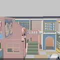Colorful Indoor Kids Playhouse With Pink Staircase Blue Sofa Green Windows And Checkerboard Floor