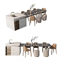Modern Dining Set With Marble Countertop Rectangular Table Chairs Decorative Plants And Woven Baskets 3d model