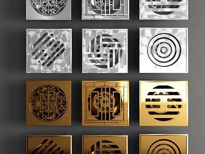 Stylish Square Bathroom Drain Covers With Metallic Silver Gold And Intricate Patterns 3d model