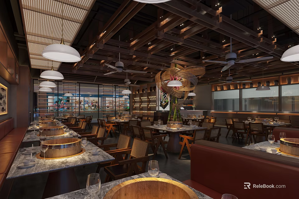 Warm Restaurant Interior With Wooden Ceiling Pendant Lights Dining Tables And Leather Booth Seats 3d model 