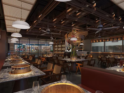 Warm Restaurant Interior With Wooden Ceiling Pendant Lights Dining Tables And Leather Booth Seats 3d model