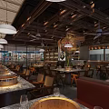 Warm Restaurant Interior With Wooden Ceiling Pendant Lights Dining Tables And Leather Booth Seats