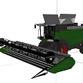 Green Industrial Combine Harvester Parked On Grassland Under Blue Sky With White Clouds