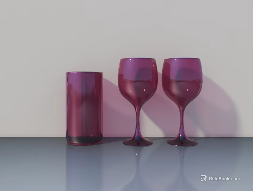 Purple Wine Bottle And Two Wine Glasses On Smooth Surface With Light Gray Background 3d model 
