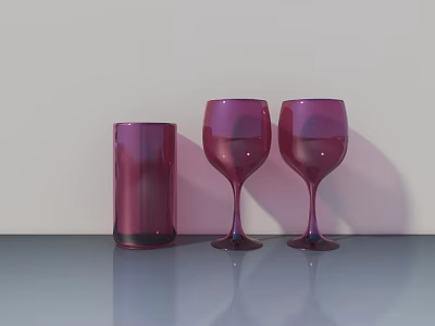 Purple Wine Bottle And Two Wine Glasses On Smooth Surface With Light Gray Background 3d model