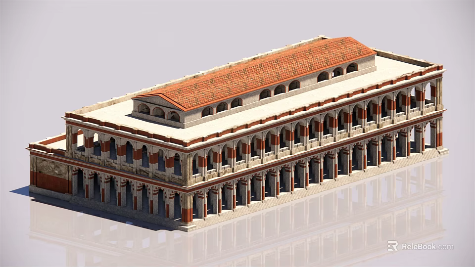 Classical European-style Architecture With Red Roof Arched Windows And Symmetrical Columns 3d model 