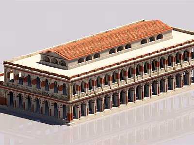 Classical European-style Architecture With Red Roof Arched Windows And Symmetrical Columns 3d model